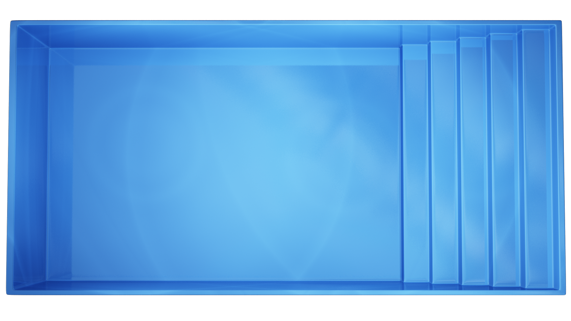 Widok z góry prostokątnego niebieskiego basenu z czterema schodkami na jednym końcu