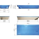 Schemat prostokątnego niebieskiego basenu w stylu Blueprint, przedstawiający widok z góry, z przodu i z boku wraz z wymiarami: 4,10 m długości, 2,40 m szerokości, 1,35 m głębokości i wbudowane schody na jednym końcu.