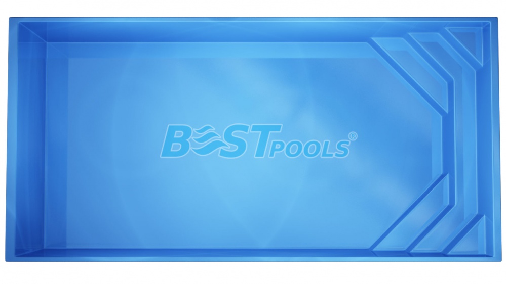 Prostokątny, jasnoniebieski basen widziany z góry, z trzema schodkami w jednym rogu prowadzącymi do basenu.