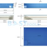 Schemat prostokątnego basenu o wymiarach: długość 4,15 m, szerokość 3,20 m, głębokość 1,55 m, schodki po jednej stronie i okrągły schodek narożny. Widoki z boku i z góry z oznaczonymi wymiarami.