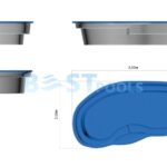 Cyfrowy render niebiesko-szarego basenu w kształcie nerki o wymiarach: 3,00 metry długości, 2,00 metry szerokości i 0,80 metra głębokości. Obraz przedstawia widok z góry i z boku.