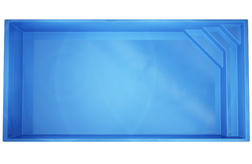 Prostokątny niebieski basen widziany z góry, z trzema ukośnymi wbudowanymi stopniami w jednym rogu